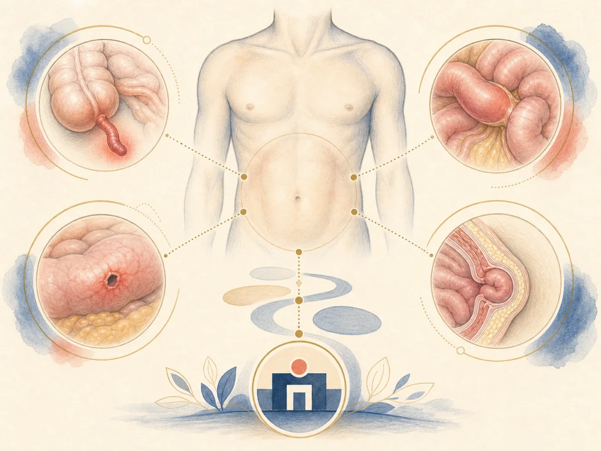 Ilustração educativa de sinais de urgência abdominal
